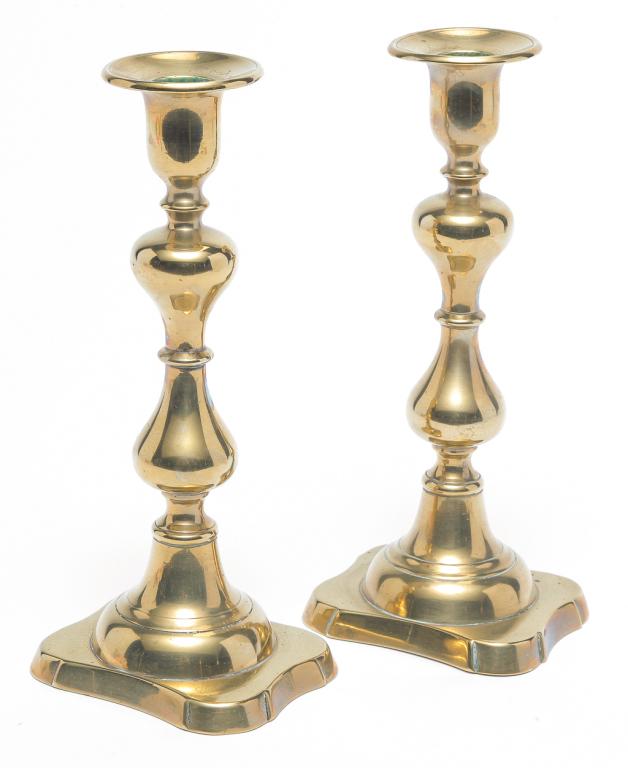 PAIR OF ENGLISH BRASS CANDLESTICKS. (1 of 3)