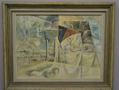 FRAMED OIL ON MASONITE. Signed lower rig: FRAMED OIL ON MASONITE. Signed lower right "Tom Benrimo", (Thomas Duncan Benrimo, 1887 - 1958, Taos, N. M.). Colorful abstract in original frame with a partial Cincinnati Art Museum label on the back.