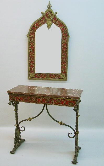 ORNATE TWO-PIECE HALL TABLE AND MIRROR.