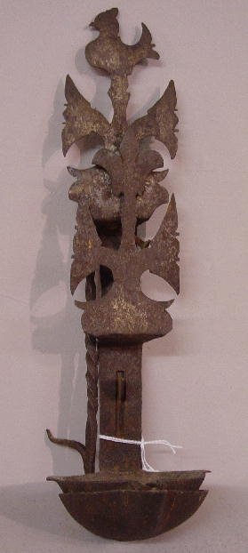 THREE WROUGHT IRON DOUBLE CRUSIE LAMPS.