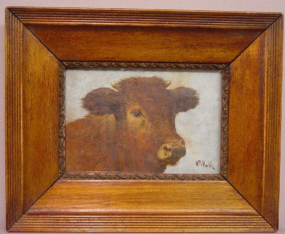 OIL PAINTING OF A STEER BY "HULK". Study: OIL PAINTING OF A STEER BY "HULK". Study in oil on artist board of a passive looking bovine signed "WF. Hulk" (William Frederick Hulk, British, b. 1852). Minor surface wear. 4 1/4"h. 6"w. Brown stain