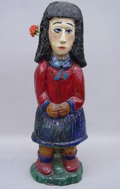 THREE FOLK ART FIGURES. Carved wooden st: THREE FOLK ART FIGURES. Carved wooden statues of a girl and two smaller boys by Libby Waite, an American Indian artist from the Ocala National Forest. The girl is signed "Libby". Hand painted in brigh