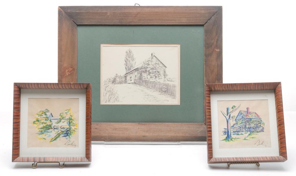 THREE ZOAR, OHIO IMAGES BY EDNA LUEKING.: American, Cleveland School of Art, 1918-1983. Signed. Two watercolors of a log house and the mill. 7.5"h 7.25"w. And a sketch of a frame house with picket fence. 14.5"h. 17.5"w.