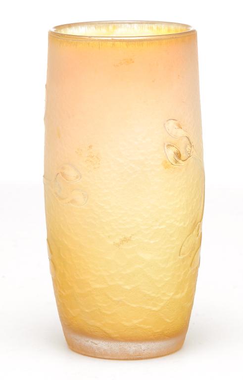 FRENCH DAUM NANCY CAMEO VASE.: First quarter 20th century. Canary opalescent glass with carved flowers, stippled background, raised white enamel and gold decoration. Signed in gold lettering on polished base "Daum Nancy" with cross