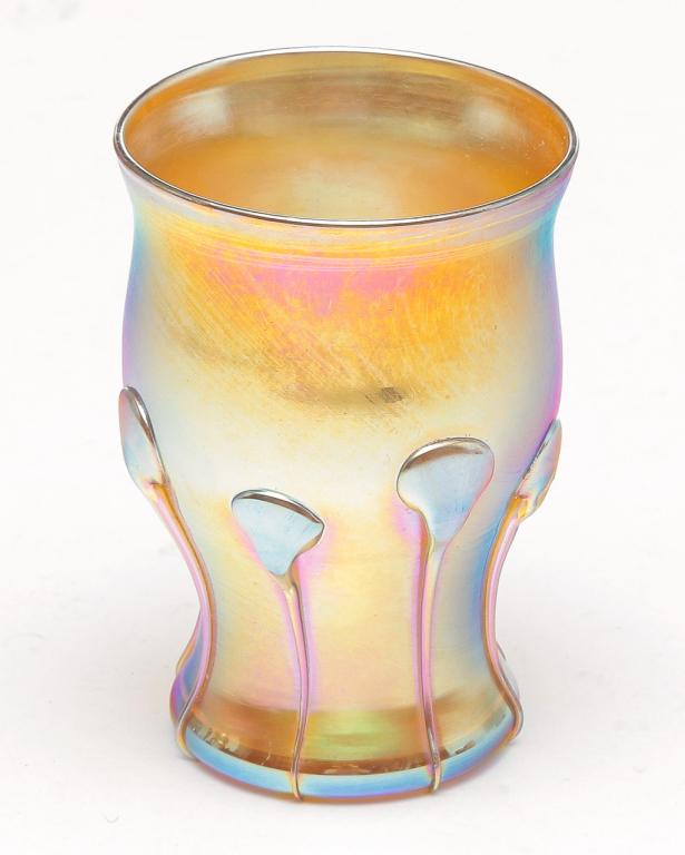 TIFFANY FAVRILE BUD VASE.: First quarter 20th century. Flared lip, tapered base and applied droplets. Signed on base "LCT T2261". Polished pontil with minor wear on base. 3.25"h.