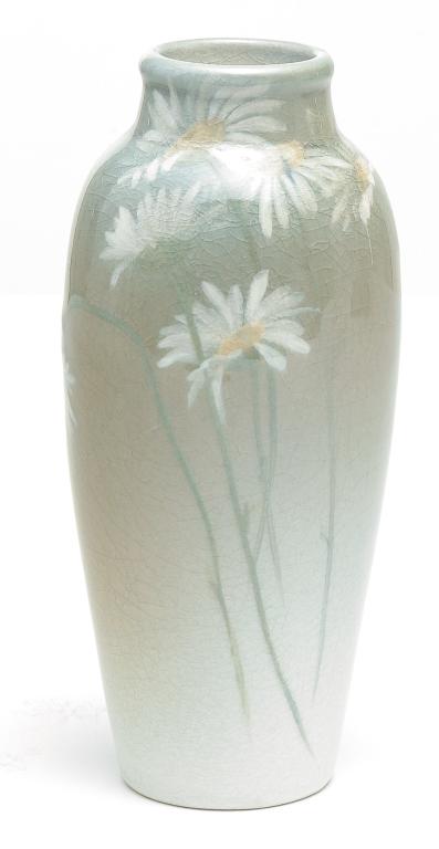ROOKWOOD IRIS GLAZE BUD VASE BY IRENE BISHOP.: Date mark is faint but appears to be 1902. Shape number 918W with daisy decoration, signed on bottom. Overall crazing, 5.5"h.
