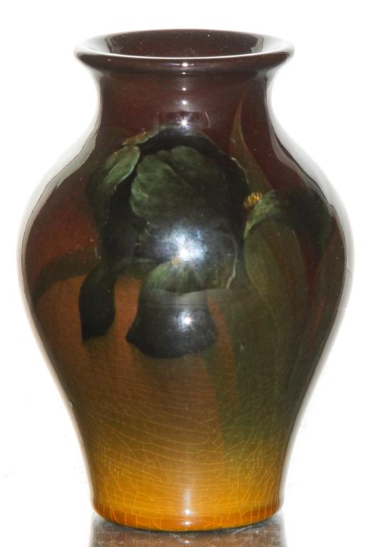 ROOKWOOD STANDARD GLAZE VASE BY CARL SCHMIDT.: Dated 1900. Shape number 583F with iris decoration. Light crazing, signed on bottom, with minor tear to table ring. 4.75""h.