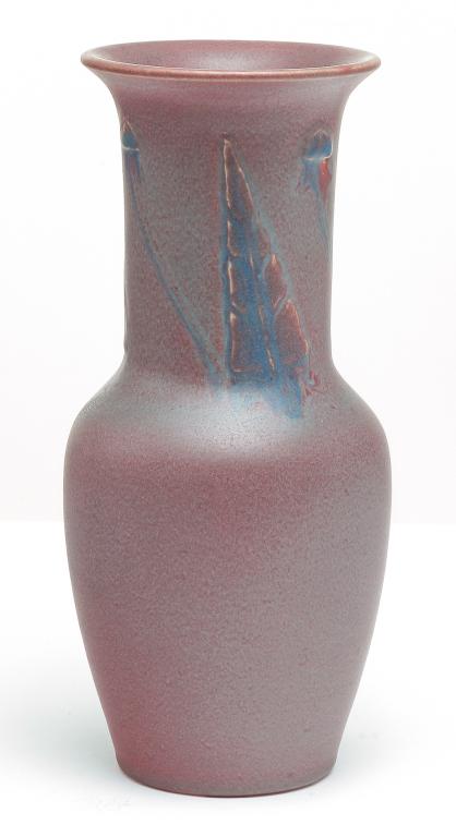 ROOKWOOD MATTE GLAZE VASE BY W.F. HENTSCHEL.: Dated 1912. Shape number 420, maroon glaze with grey stippling and blue-grey buds with pointed leaves. Signed on bottom. Scratch on side minor wear on table ring. 9.5"h.