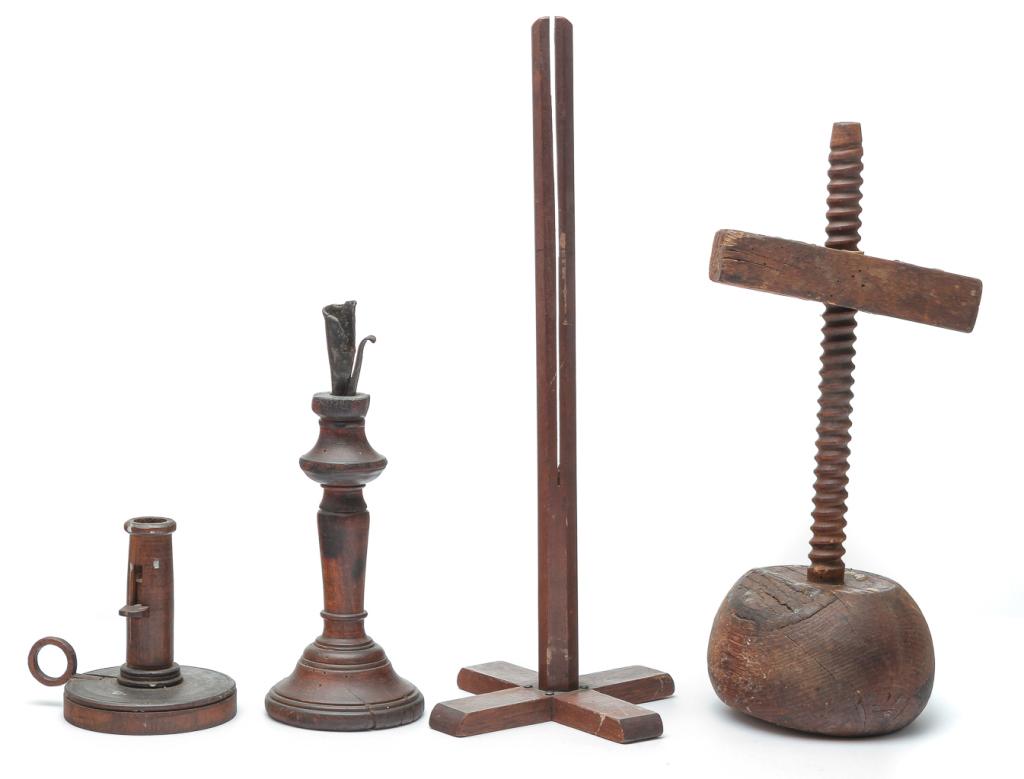 FOUR PIECES OF WOODEN LIGHTING.: Nineteenth century. Three are European. One rush light with turned oak base and forged holder, 10.5"h. One oak double candle holder on adjustable threaded stem with log base, 14.5"h. Turned chamber st