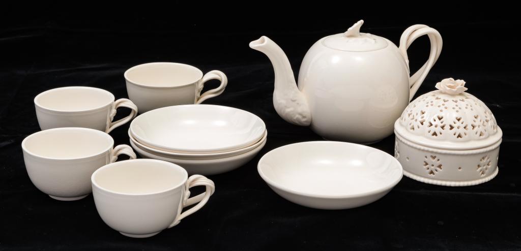 SIX PIECES OF ENGLISH CREAMWARE.: Twentieth century. Executed in the 18th century style by "Hartley-Greens & Co., Leeds Pottery". Teapot, 5.25"h., four cups and saucers and a reticulated potpourri jar.