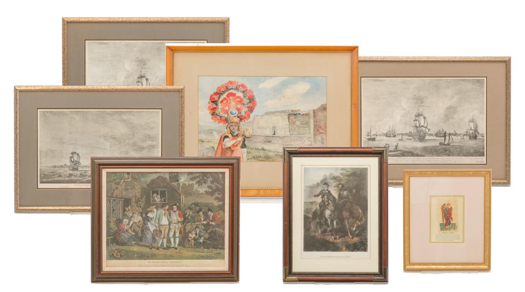 SEVEN FRAMED PIECES.: Twentieth century. A signed Franco (?) watercolor of South American ruins and an Incan man in traditional costume. 22"h. 27.5"w. Three New York Public Library historical reprints of "Charles-town" har
