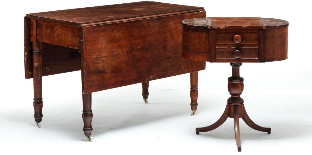 TWO PIECES OF AMERICAN FURNITURE.: First half 19th century. Federal sewing stand, mahogany with pine secondary. Center with two dovetailed drawers with applied beaded edges and reeded stiles, two lift lid wells, scimitar legs. Edge wea