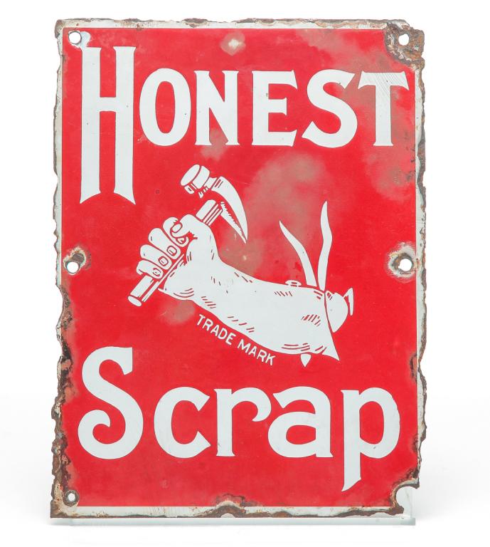 AMERICAN "HONEST SCRAP" ADVERTISING SIGN.: Late 20th century. Replica in red and white enamel with purposely distressed edges and surface. 12"h. 9"w.