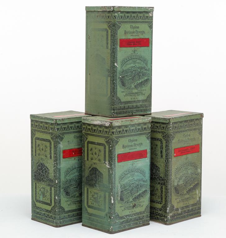 FOUR AMERICAN "PARK DAVIS" APOTHECARY TINS.: Late 19th century. Green with black lithography and red labels "Hydrangea Root," "Rue Leaves," "Lovage Root," and one worn off. 9"h.
