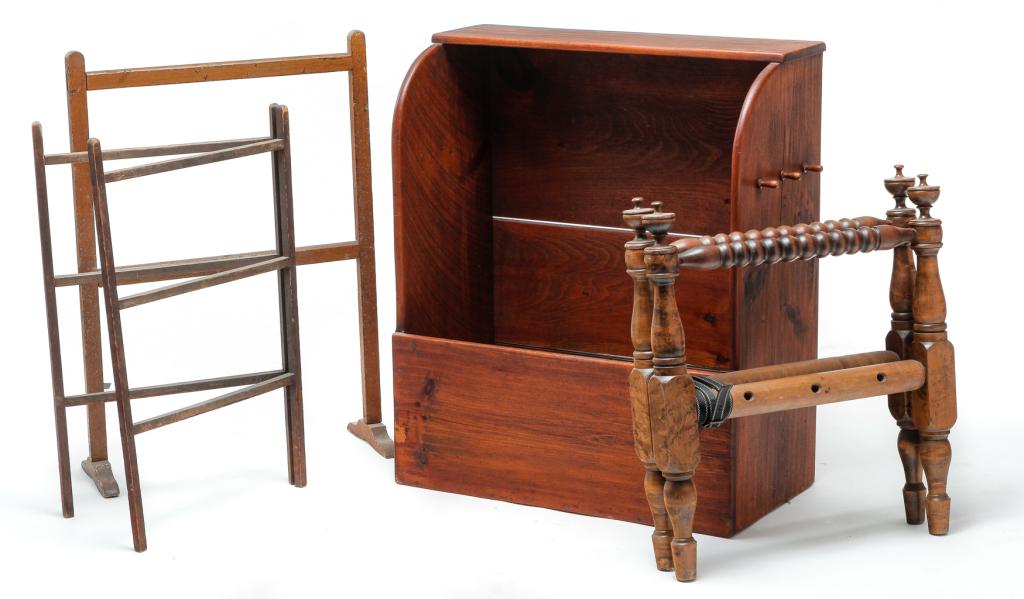 FOUR PIECES OF AMERICAN FURNITURE.: Three are 19th century. Pine grain painted quilt rack with shoe feet. 36"h. 26"w. 9.75"d., pine folding drying rack, 32"h. 20"w. opens to 40"w. and a Jenny Lind youth bed, cherry with nice turnings an