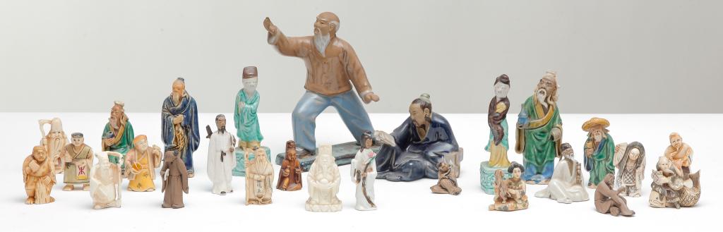 COLLECTION OF CHINESE MINIATURE FIGURES.: Twentieth century. Mudmen of various occupations and two glazed bisque Netsukes in multiple poses.