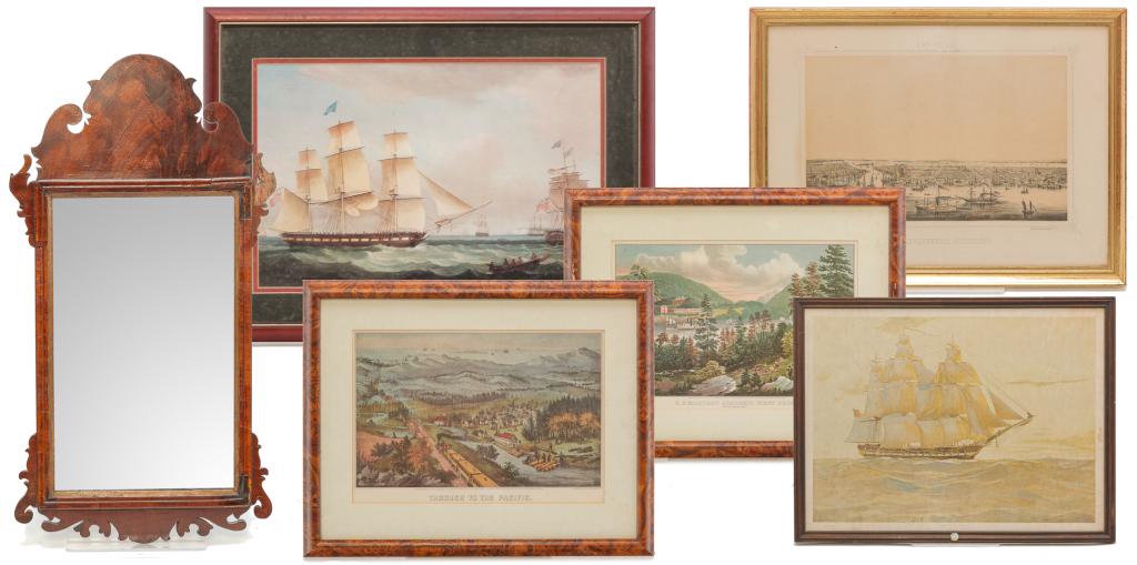 SIX FRAMED PIECES.: Nineteenth and 20th century. Chippendale scroll mirror, mahogany and pine. Repairs and missing veneer. 28"h. 15"w., two Currier & Ives reprints, 15.5"h. 19.25"w., "USS Constitution" print, 22.5"H. 29.