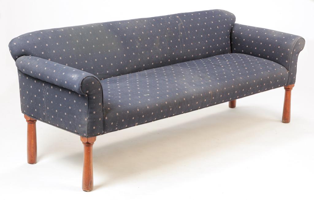 AMERICAN COUNTRY EMPIRE SOFA.: Mid 19th century. Maple turned legs, low back and modern blue patterned upholstery. 17" seat, 30"h. 80"w.