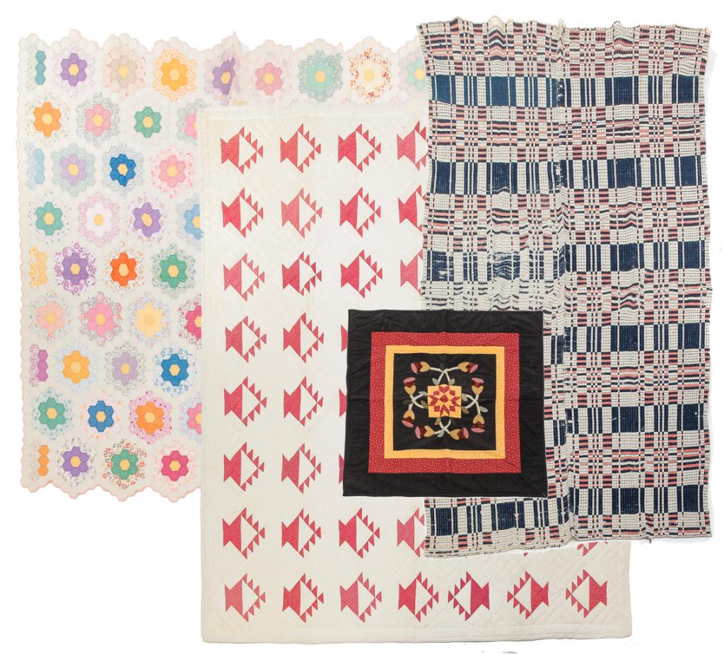 FOUR AMERICAN TEXTILES.: Nineteenth century coverlet in red, white and blue. Wear. 60" x 82", Flower Basket quilt. Old top with late 20th century quilting, 72" x 82", contemporary Amish style crib quilt in black, rust and gol