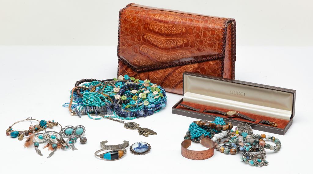 GROUP OF LADIES' ACCOUTREMENT.: Twentieth century. Cuban alligator purse, Gucci wrist watch and assorted costume jewelry including beads, bracelets etc.