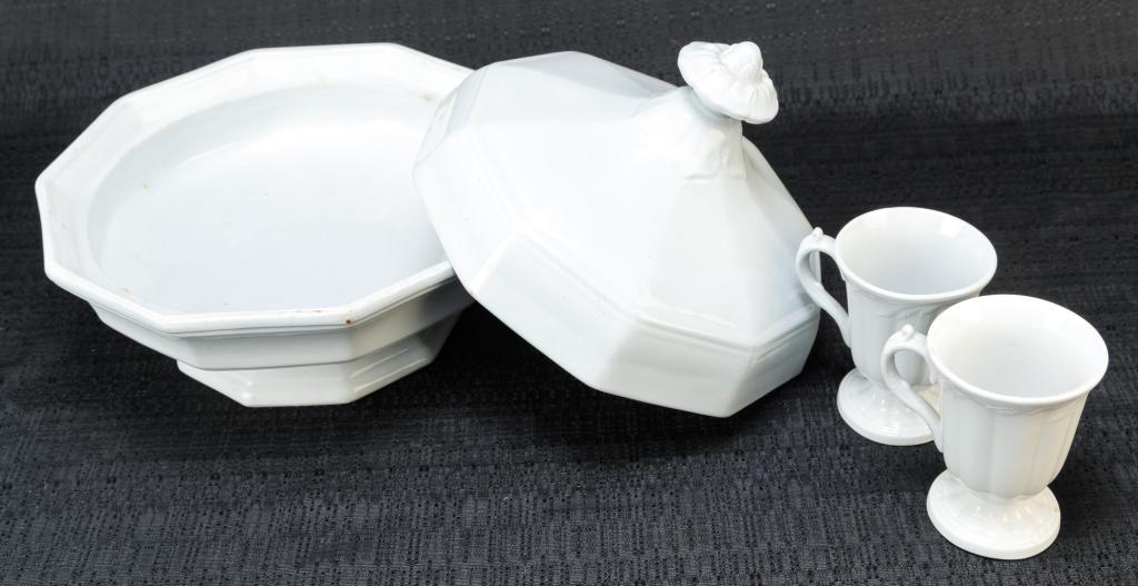 GROUP OF IRONSTONE CHINA.: Mostly English, 2nd half 19th century. Ten sided covered vegetable with illegible impressed mark, 8"h., "Meakin" oval footed covered vegetable dish and chamber pot, "Boote" sugar (missing lid), footed