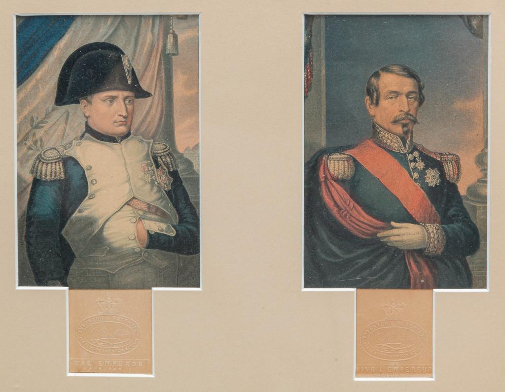 ENGLISH PRINTS OF NAPOLEON I AND III.: Second half 19th century. Printed by "S. Baxter" with embossed seal at bottom. In a frame, 11"h. 13.25"w.