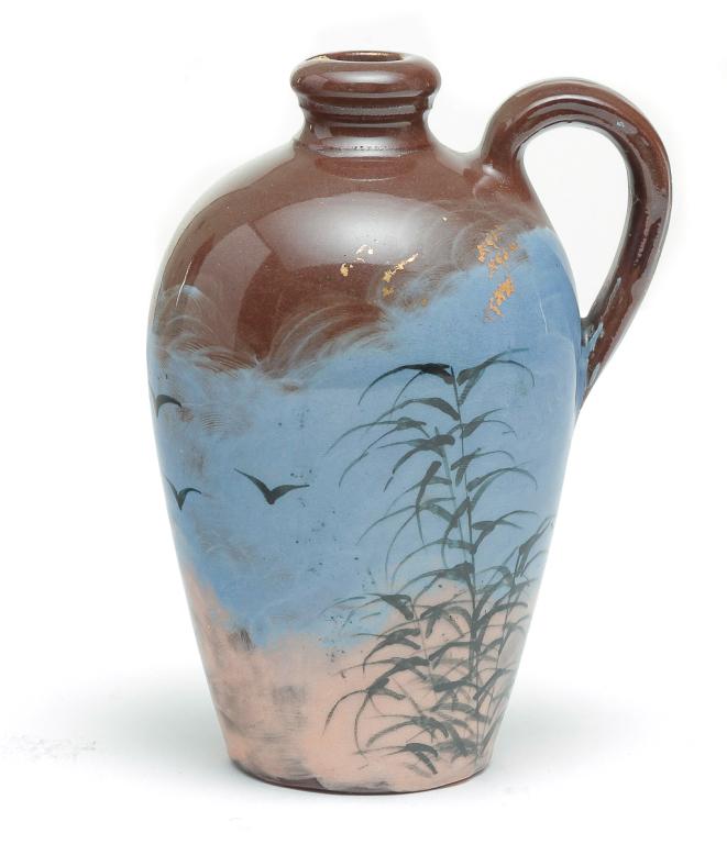 ROOKWOOD LIMOGE GLAZE JUG BY MARTIN RETTIG.: Dated 1883. Shape number 61, impressed "Rookwood 1883" with incised "MR", scenic decoration. 4.5"h.
