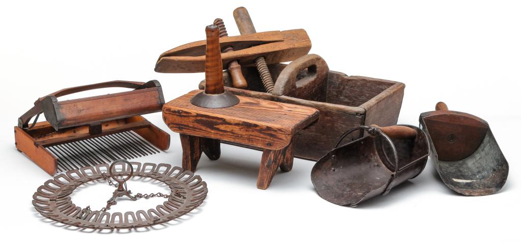 EIGHT PIECE AMERICAN COUNTRY LOT.: Second half 19th century. Poplar carrier with canted sides and square nail construction, 7.5"h. Pine stool, two scoops, hog scraper with tiger maple handle, mechanical cranberry scoop marked "Handen[?