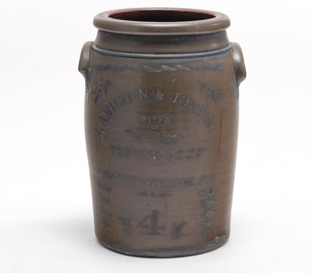 PENNSYLVANIA HAMILTON AND JONES STONEWARE JAR.: Second half 19th century. Free hand cobalt decoration and stenciled label "Hamilton & Jones, Greensboro, Pa. 4". Some wear. 15"h.