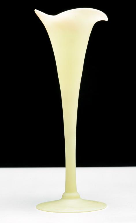AMERICAN MT. WASHINGTON BURMESE VASE.: Fourth quarter 19th century. Trumpet shaped with trefoil top, acid etched finish and ground pontil. 10"h.