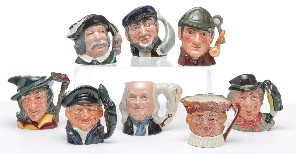 SEVEN ROYAL DOULTON TOBY JUGS.: England, 2nd half 20th century. "Old King Cole" with "A" mark, "Lobster Man", "Capt. Ahab", "The Sleuth", The Walrus & Carpenter", "Pied Piper", "Sancho Panza" and "Benjamin Franklin", 1982.
