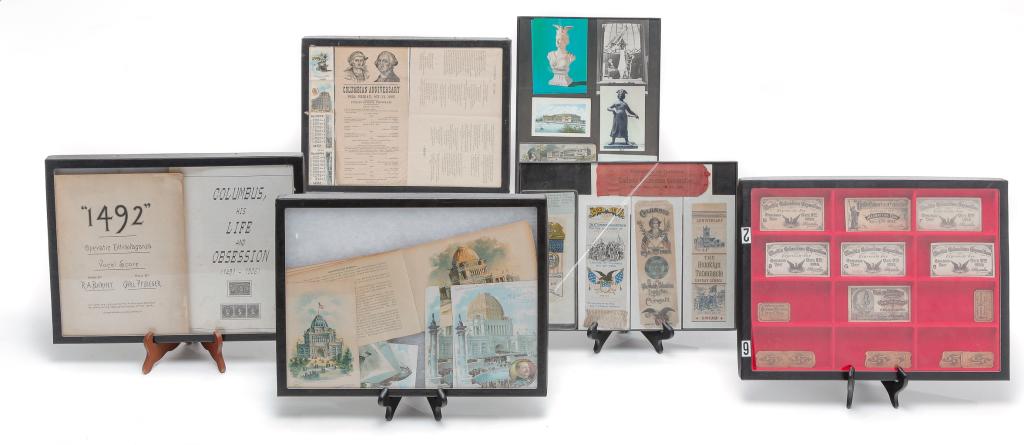 GROUP OF COLUMBIAN EXPO MEMORABILIA.: American, late 19th century. Includes ribbons, entrance tickets, "The Magic City" booklet series, programs, "1492 Operatic Extravaganza Vocal Score", post cards and souvenir programs.