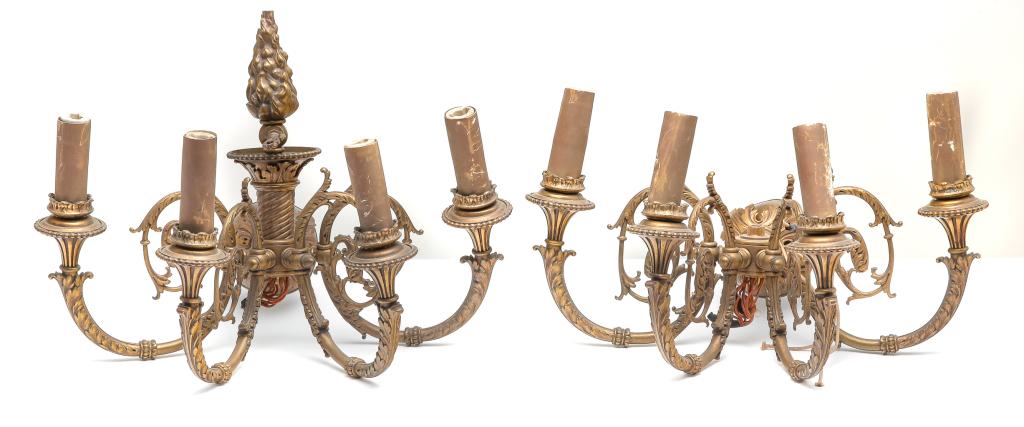 PAIR OF AMERICAN WALL SCONCES.: First half 20th century. Brass with four lights, scrolled arms with cast foliage. Incomplete. 10"h. 17"w. 13"d.