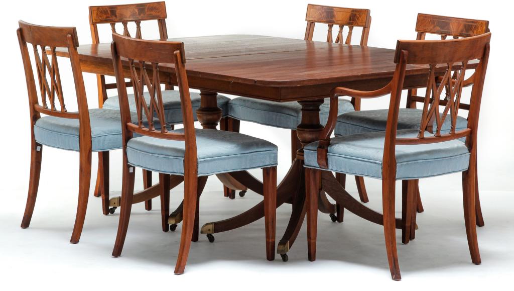 AMERICAN FEDERAL STYE DINING ROOM SET.: Mid 20th century, mahogany. Table with double pedestal base, turned column and scimitar legs with line inlay and brass casters. 29"h. 45"w. 66"d. with two 9" leaves. And six Hepplewhite style chairs.