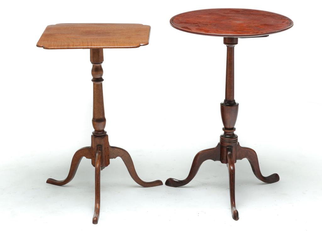 TWO AMERICAN CANDLESTANDS.: First quarter 19th century. Cherry and pine dish top tilt top with turned column and snake feet. 28"h. 18.5"d. And birch. Square top with ovolo corners, turned column and snake legs. 26"h. 16.25" sq.