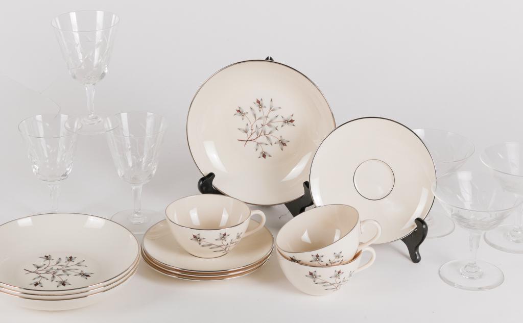 GROUP OF GLASS STEMWARE AND LENOX PLATES.: American, 2nd half 20th century. Approximately sixty pieces of "Princess" by Lenox including several sizes of plates, soups and cups and saucers. Together with approximately thirty-six cut glass goble