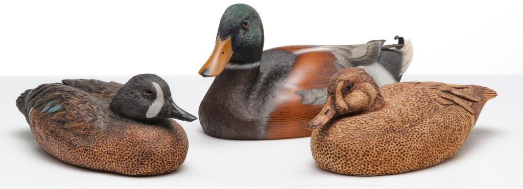 THREE AMERICAN DUCK DECOYS.: Fourth quarter 20th century. Signed, carved wooden ducks. "Blue Wing Teal, 1989" with brand by Dotty Baumann, 11.75"l., "Blue Wing Teal" by Paul and Dotty Baumann, 11.5"l and "Mallard Drake" by David 
