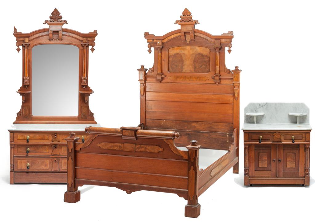 AMERICAN THREE PIECE VICTORIAN BEDROOM SUITE.: Third quarter 19th century, walnut. Nicely detailed with full and half pilasters, carved crests with anthemions, brackets and panels in burled walnut. High back bed, 91"h. 59.5"w. 8.25"d., marble top 