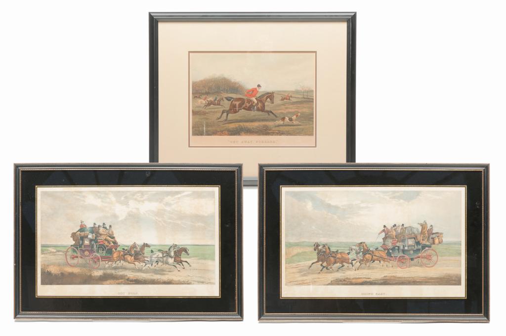 THREE ENGLISH HUNT AND COACHING PRINTS.: Third quarter 19th century. Handcolored prints on paper. Two stage coach lithographs after Henderson, printed by Ackermann, London. "Going Easy" and "Got Hold". Late eglomise frames, 21.5"h. 31.5"w. A