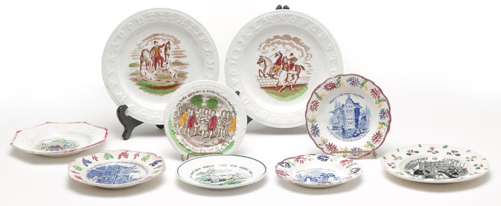 NINE ENGLISH PLATES.: Nineteenth century. Two "Staffordshire, England" ABC plates with hunt scenes centers, 7.5"d., two toddy plates with pink luster and polychrome borders and blue transfer centers with mottos. Octagonal 