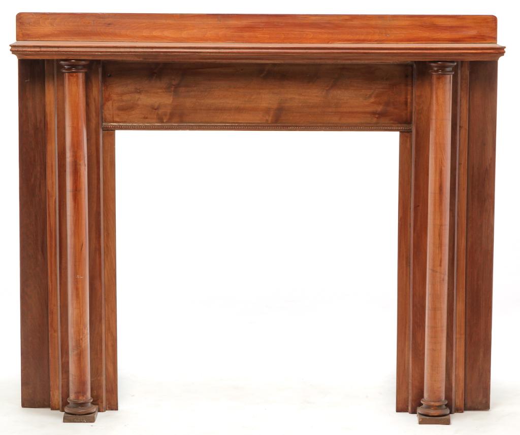 AMERICAN SOUTHERN GUM MANTEL.: Ca. 1900. Top shelf with back splash, free standing columns and beaded decoration. 50.5"h. 60"w. 9"d. Opening 36"h. 35.5"w.