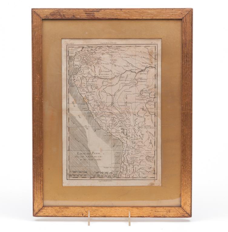 FRENCH MAP OF PERU.: Late 18th century, engraving on laid paper. Plate No. 30 by Rigobert Bonne for a 1780 atlas by Guillaume Raynal. Foxing, toning, some stains and creases. Framed, 19"h. 14.5"w.
