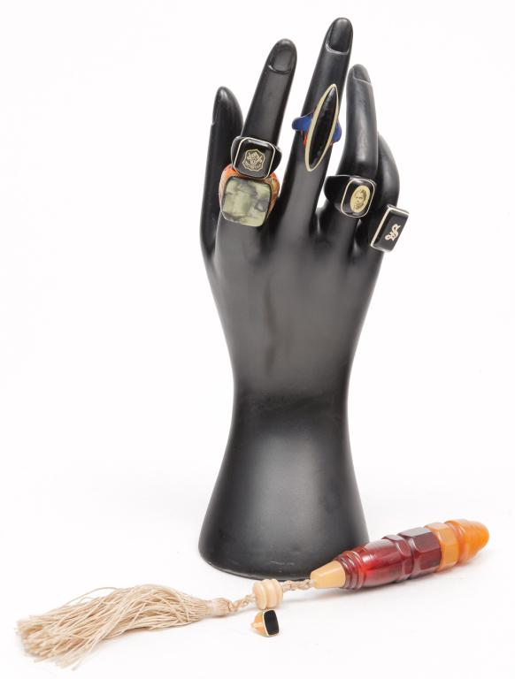 BAKELITE PRISON RINGS & TRAVEL MANICURE SET.: American and German, 2nd quarter 20th century. Group of six bakelite or celluloid prison rings including: one with photo; one with initial "S"; one with "JRO UAM" logo (Junior Order of United American