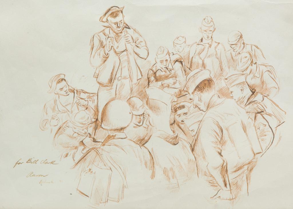 PEN AND INK DRAWING BY AARON BOHROD.: American, mid 20th century. WWII American soldiers and Marines signed at lower left "For Bill Clark, Aaron Bohrod". 12.25"h. 15.25"w.