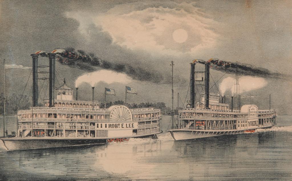 CURRIER AND IVES PRINT.: "The Great Mississippi Steamboat Race Lee-Natchez" copyright 1870. Shadowbox frame, 12.75"H. 16.75"w.