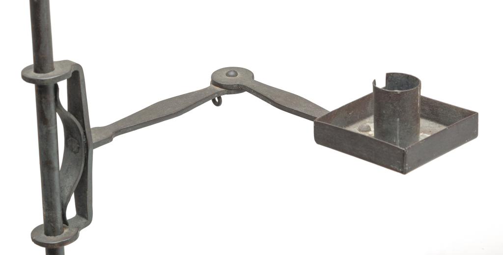 THREE PIECES OF AMERICAN FORGED IRON LIGHTING.: Two are 19th century. Hanging adjustable lamp hook, 14"h. and a table top adjustable lamp stand with tripod base, 32.25"h. Together with a reproduction adjustable candle floor lamp with articulated ar