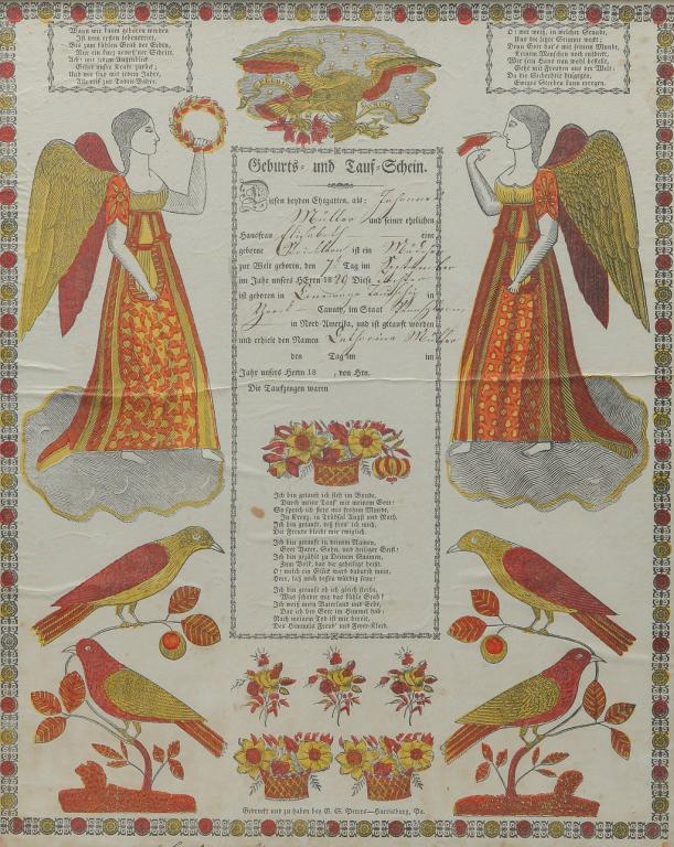 PENNSYLVANIA PRINTED FRAKTUR.: Dated 1829. Handcolored angels, birds, flowers and eagle. Printed by Peters, Harrisburg, Pa. 17.75"h. 14.5"w.