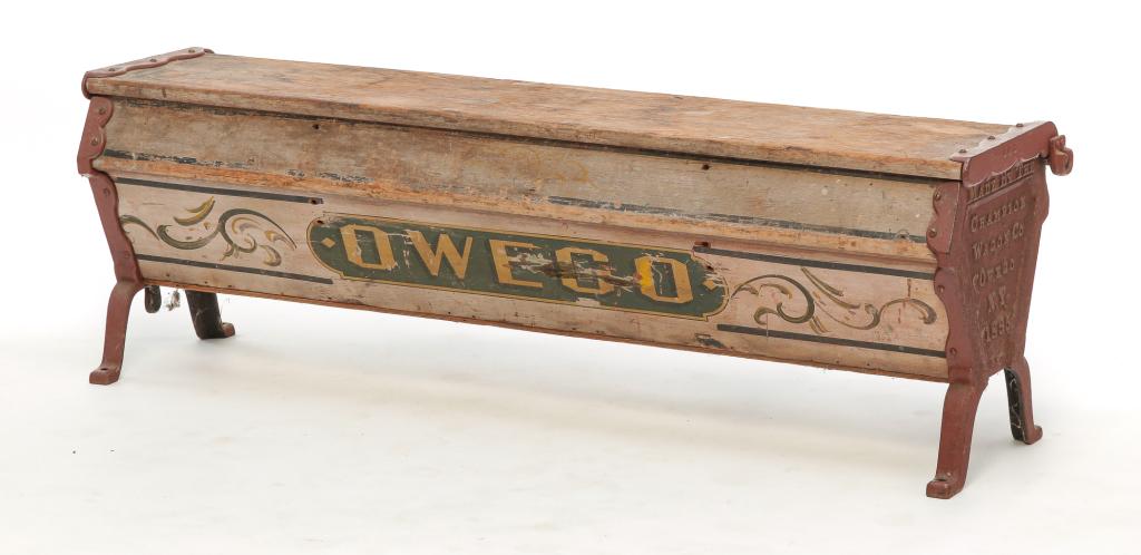 AMERICAN "CHAMPION WAGON CO." BENCH & BIN.: Patented 1895. Pine and cast iron. Ends cast with "Made By the Champion Wagon Co., Owego, N.Y. 1895" and front with old white paint, black striping and flourishes, "OWEGO" in shaded lettering and dark