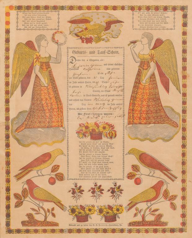 AMERICAN FRAMED PRITNED FRAKTUR.: Dated 1843. Hand colored in yellow and green with angels, eagle, birds and baskets of flowers. Printed by Peter's, Harrisburg, PA. 20.5"h. 17"w.