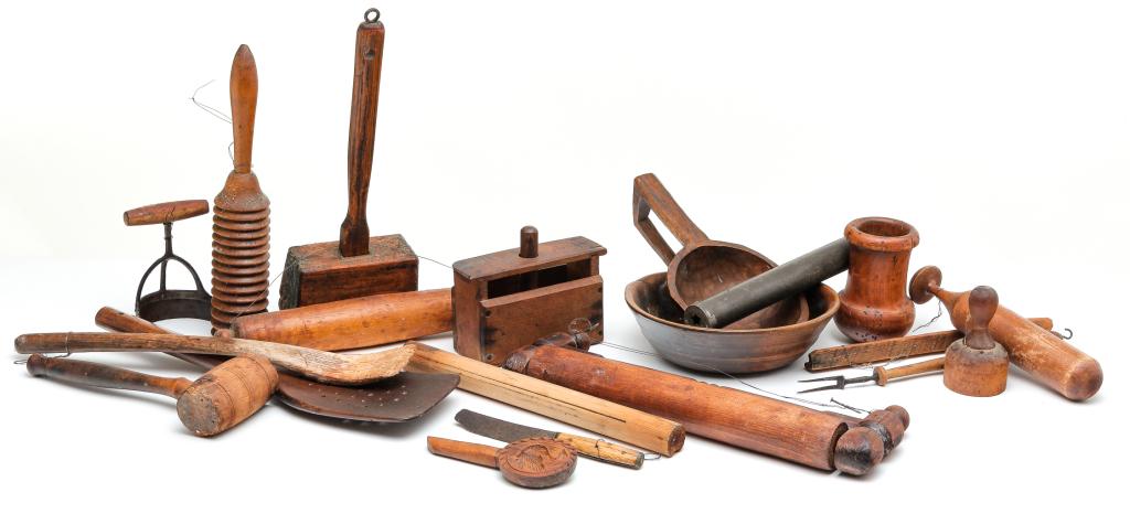 COLLECTION OF WOODEN KITCHENWARE.: American and European, 19th-20th century. Includes mallets, bowl, ladle, rolling pins, paddles, skimmer, masher, tenderizers, choppers, and various and sundry utensils.